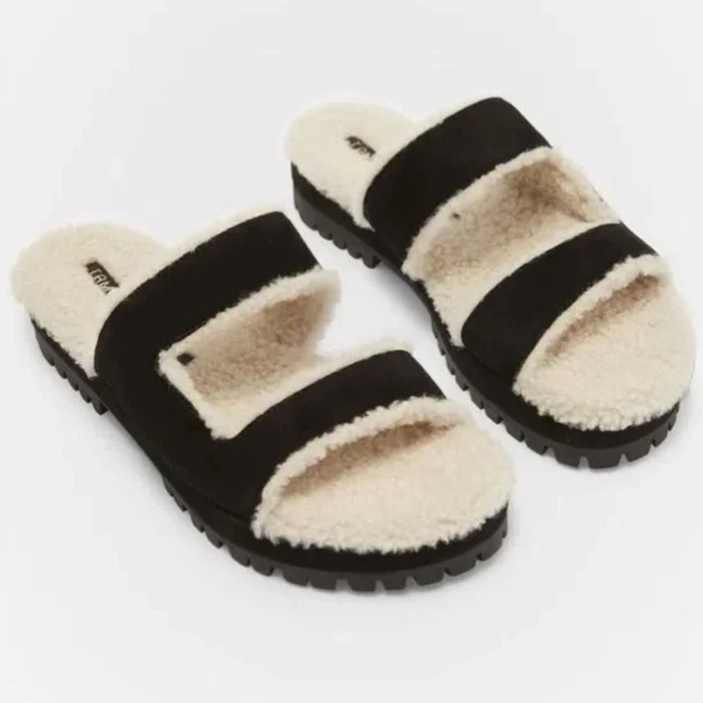 Tamara Mellon Shearling Suede Sandals in Black 39 9